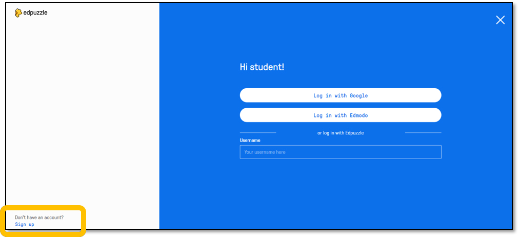Screen capture showing Sign Up in the lower left corner of Edpuzzle home page.
